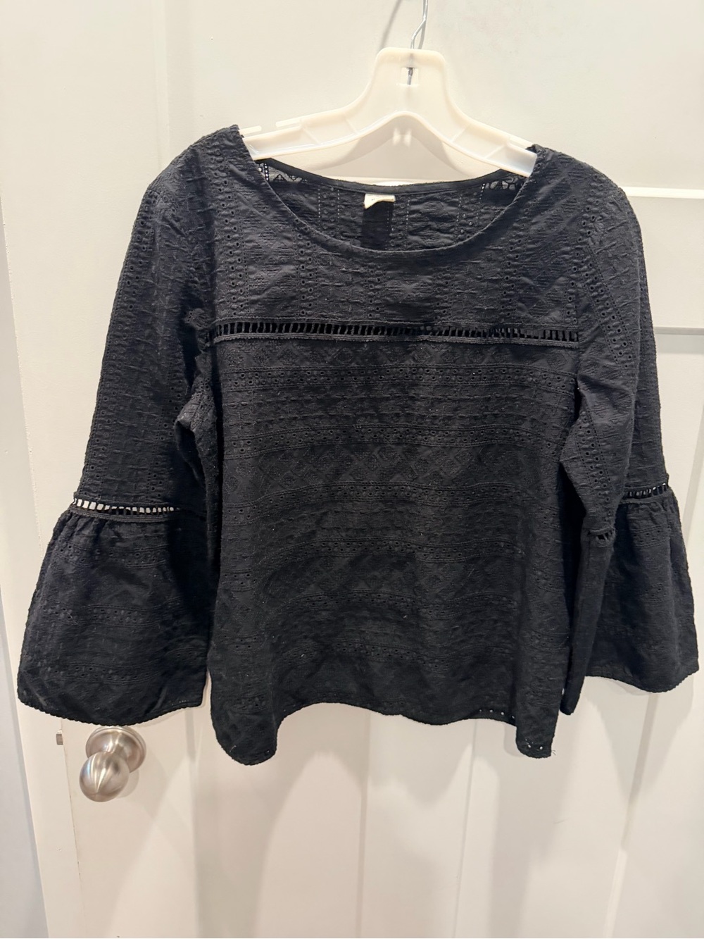 GAP Black Eyelet Lace Blouse Medium Bell Sleeve Boho Peasant Top